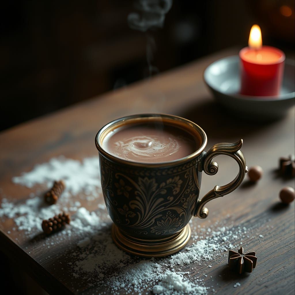 Steaming Hot Chocolate in Ornate Mug, Cinematic Still