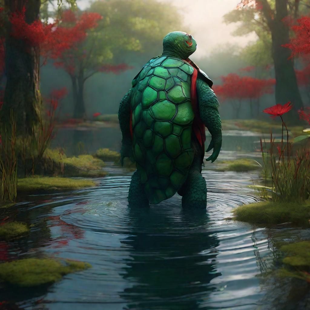 Green Tortle Druid Wades Through Swamp: Fantasy Art