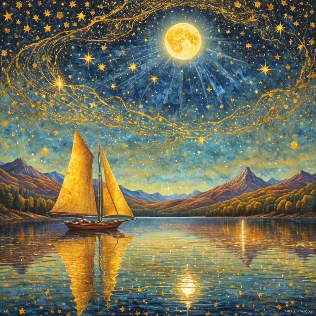 Sailboat on Lake Under Starry Night Sky