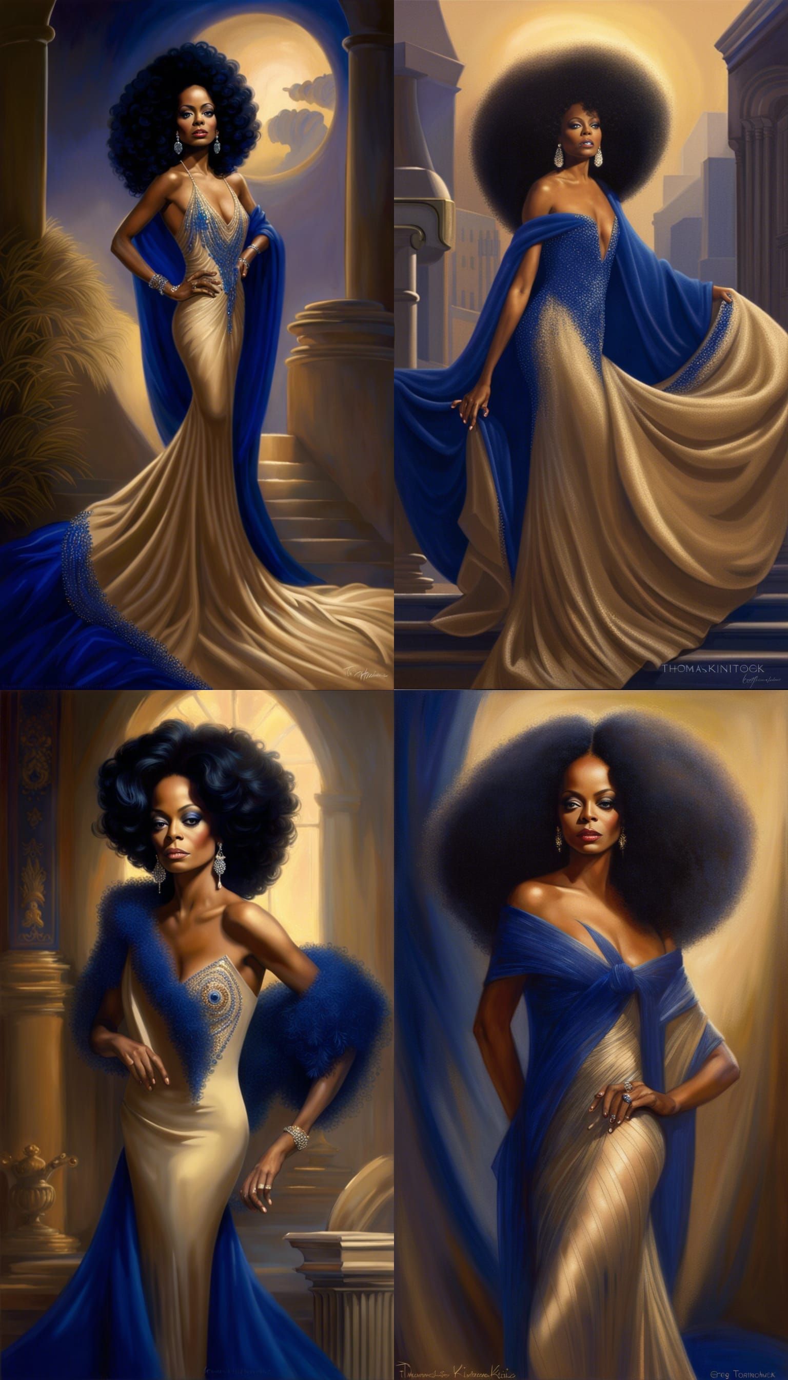 Beautiful Image of Diana Ross in creamy tan and royal blue beaded gown.