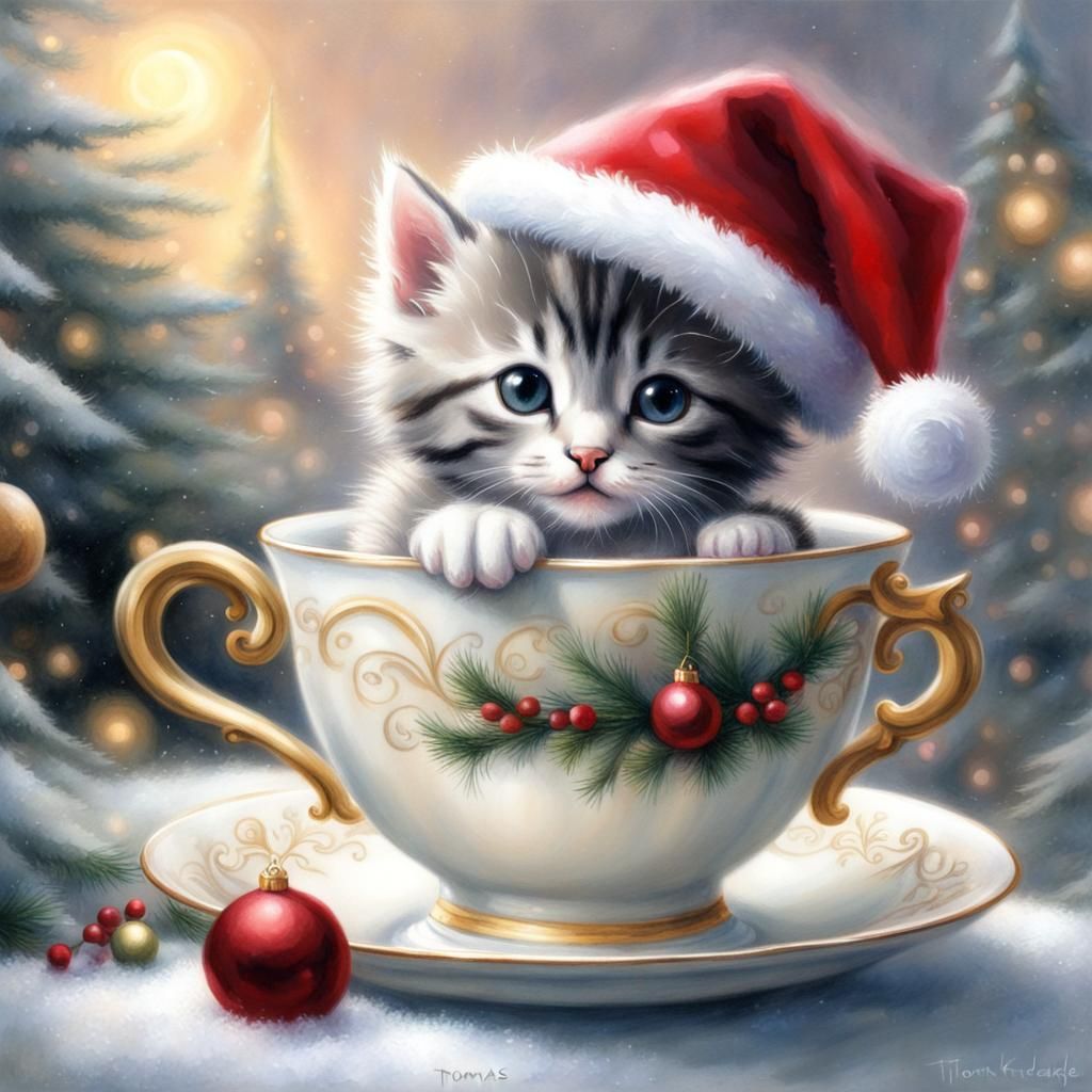 Kitten in Teacup: Christmas Fantasy Drawing