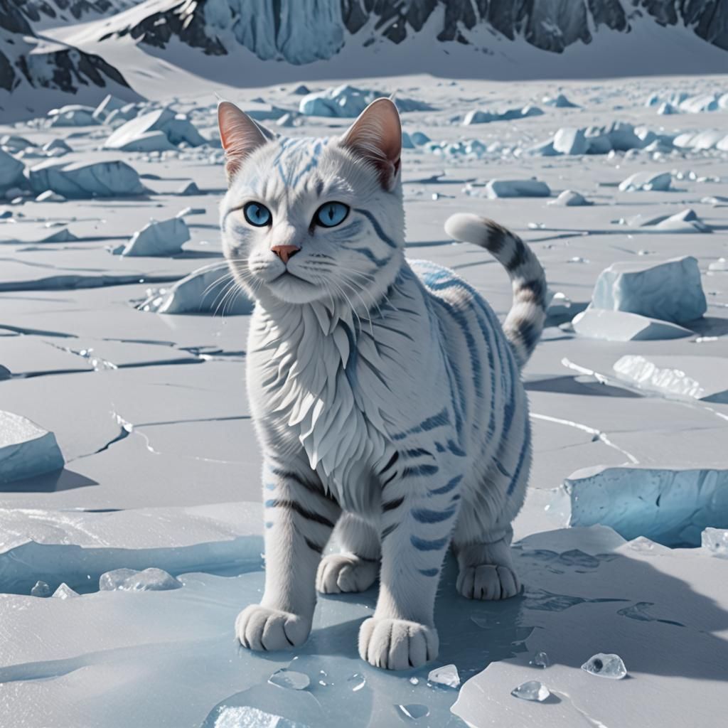 Icy Striped Cat on Glacier in 3D Rendering