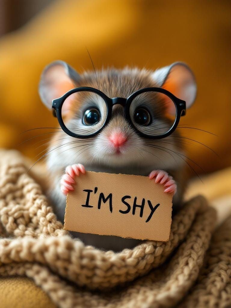 Shy Mouse Portrait with Glasses and Sign