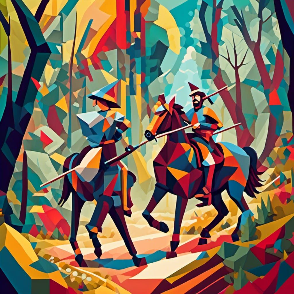 Don Quixote and Sancho Panza in Cubist Battle