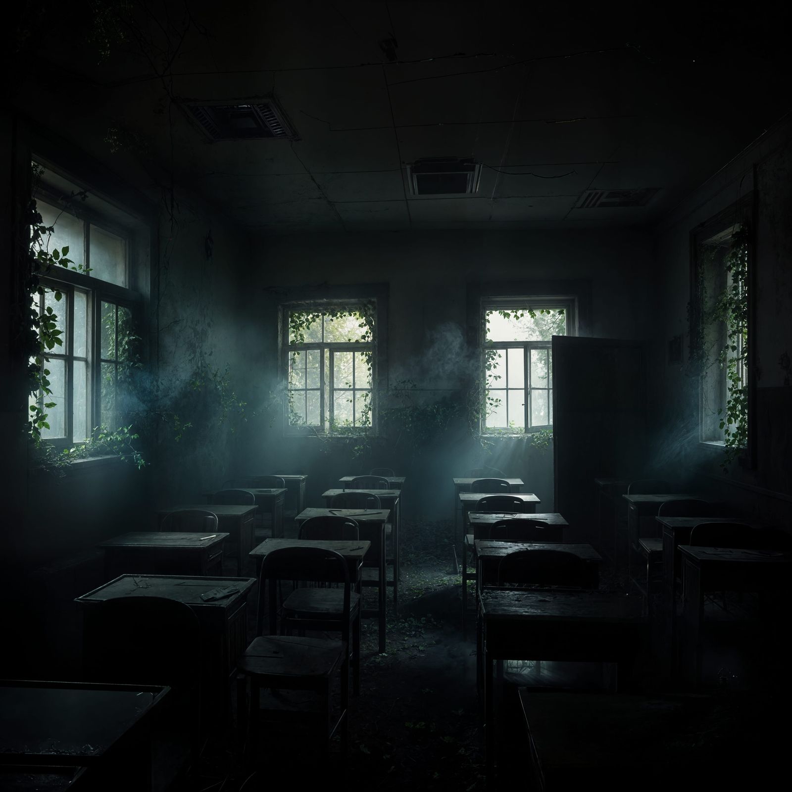 Classroom Overgrown with Ivy and Haunted by Smoky Vapors