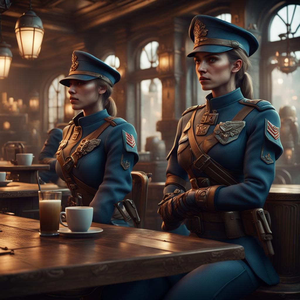 Female Soldiers Relaxing in Cafe: Detailed Matte Painting