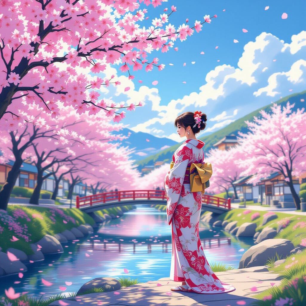 Woman in Kimono in Cherry Blossom Valley