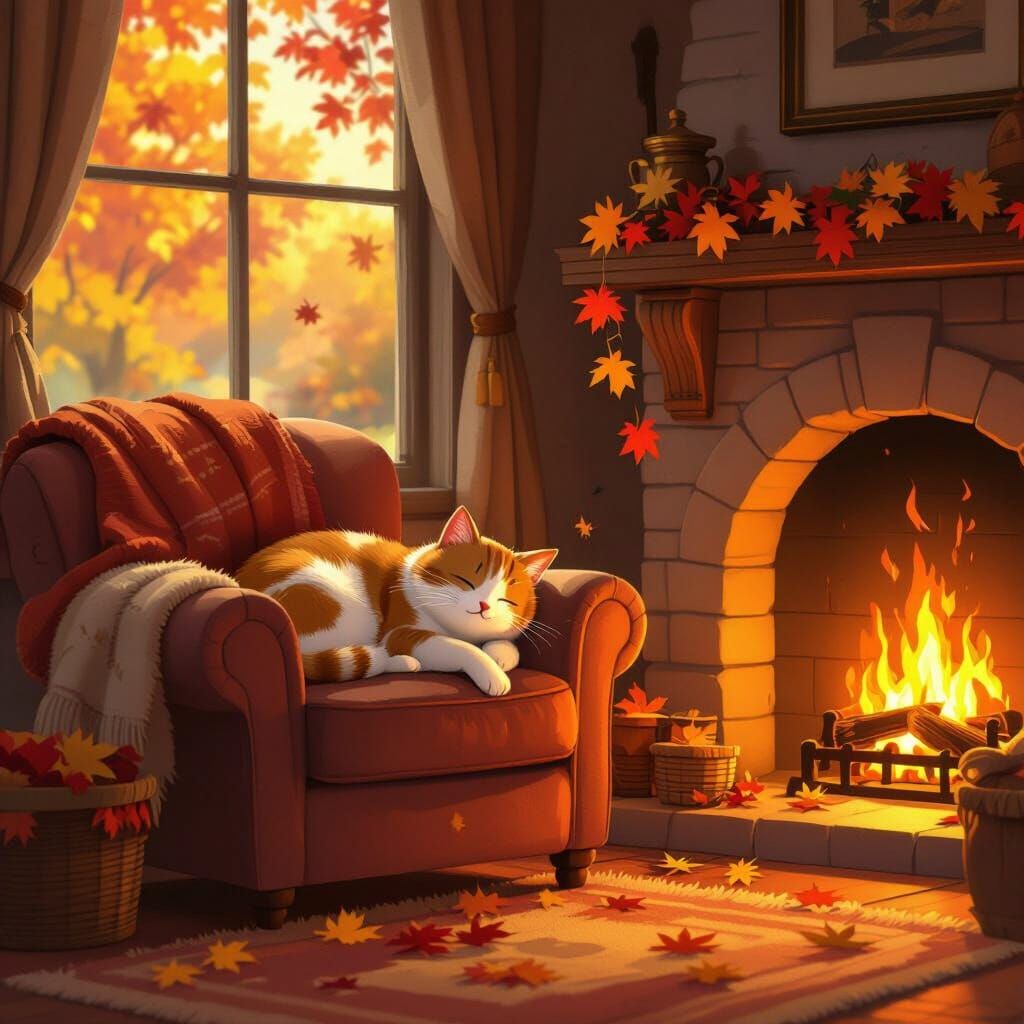 Cozy Cat Napping by Fireplace in Autumnal Home