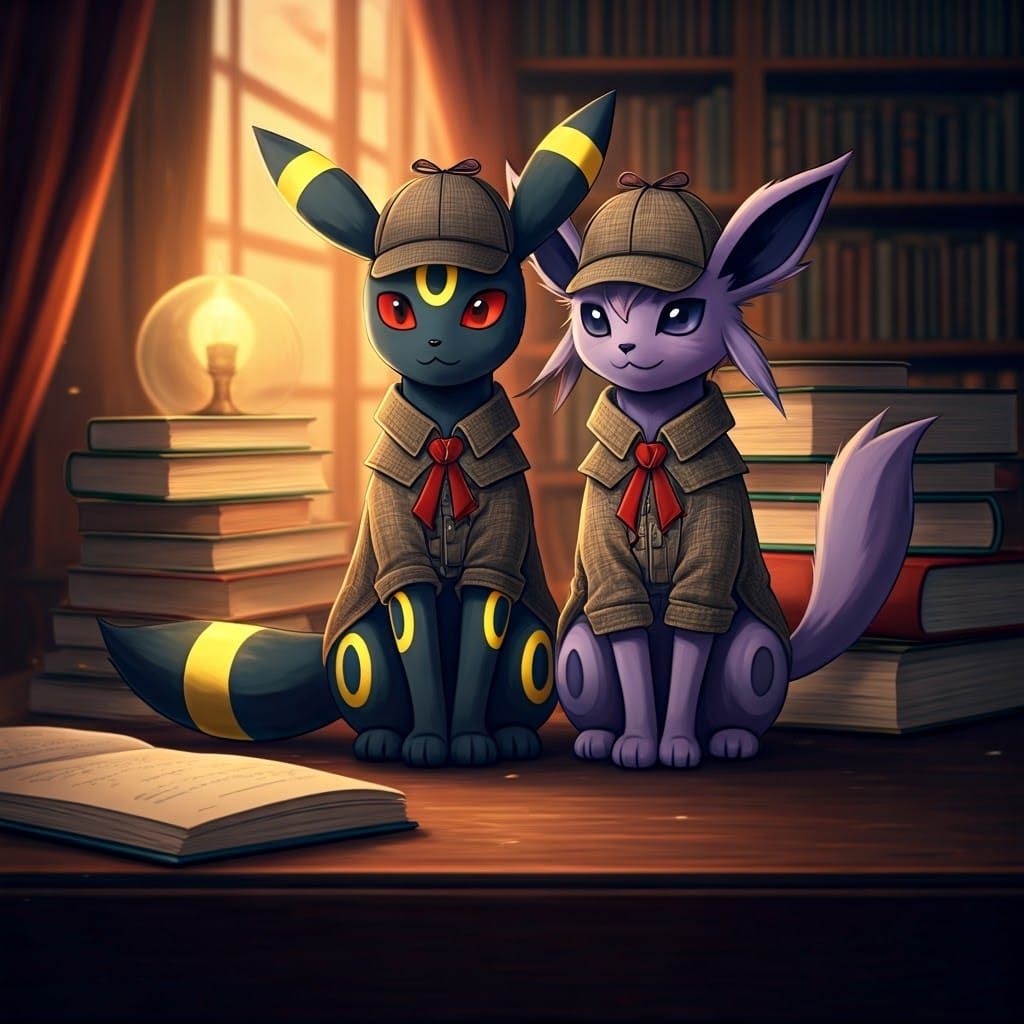 Surreal Anime Detectives Umbreon and Espeon in Cozy Library ...