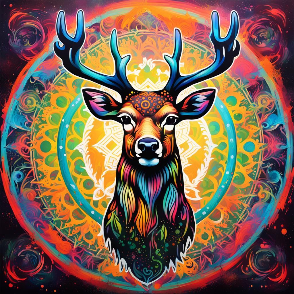 Vibrant Deer Jungle Mandala Graffiti Art
