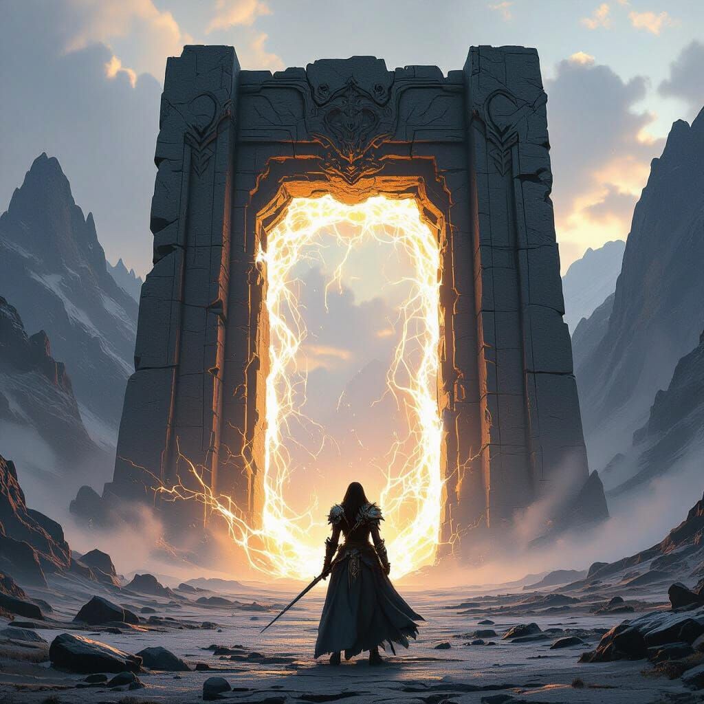 Warrior Queen Stands Before Stone Portal