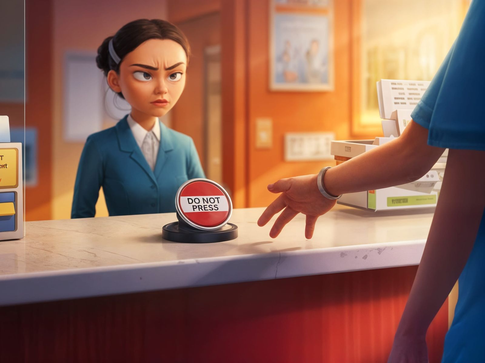 Pixar-Style Hospital Receptionist in a Whimsical Moment