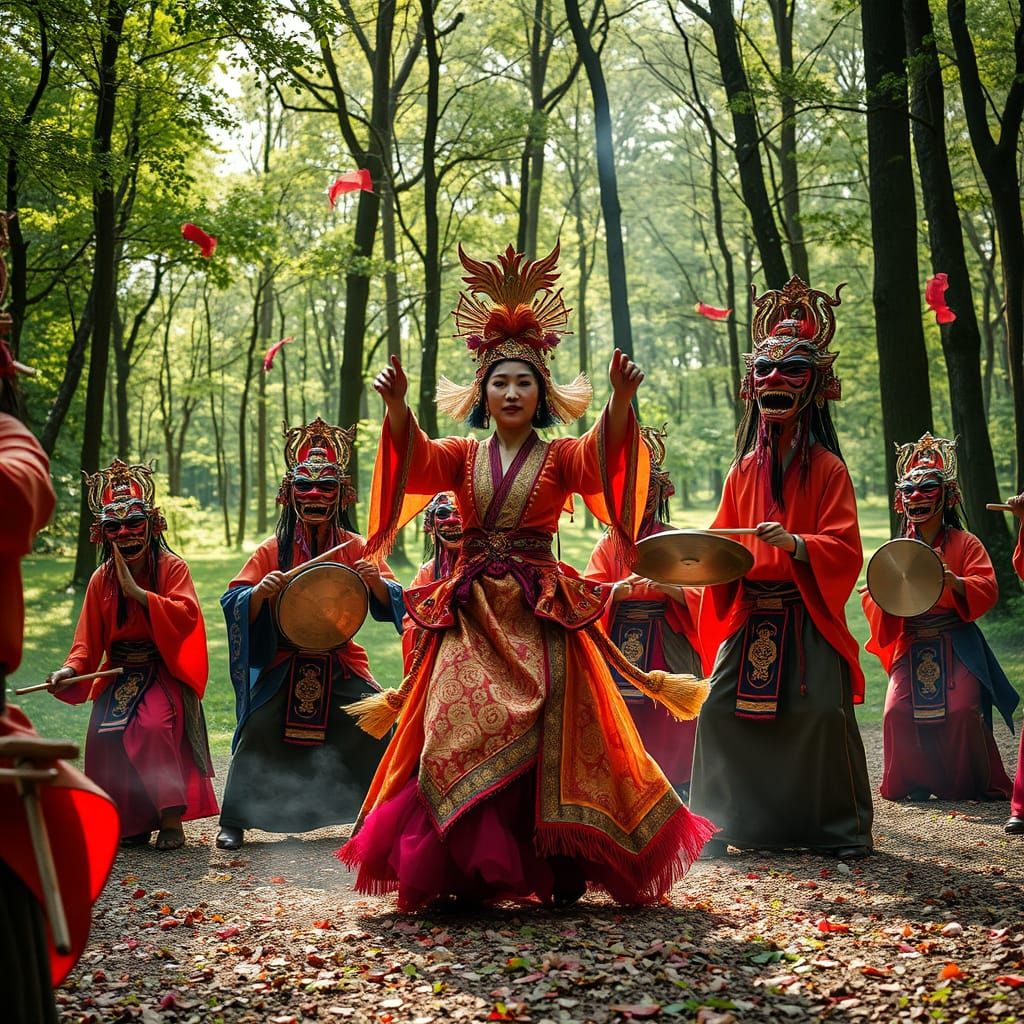 Korean Shamanic Ritual in Vibrant Forest Clearing