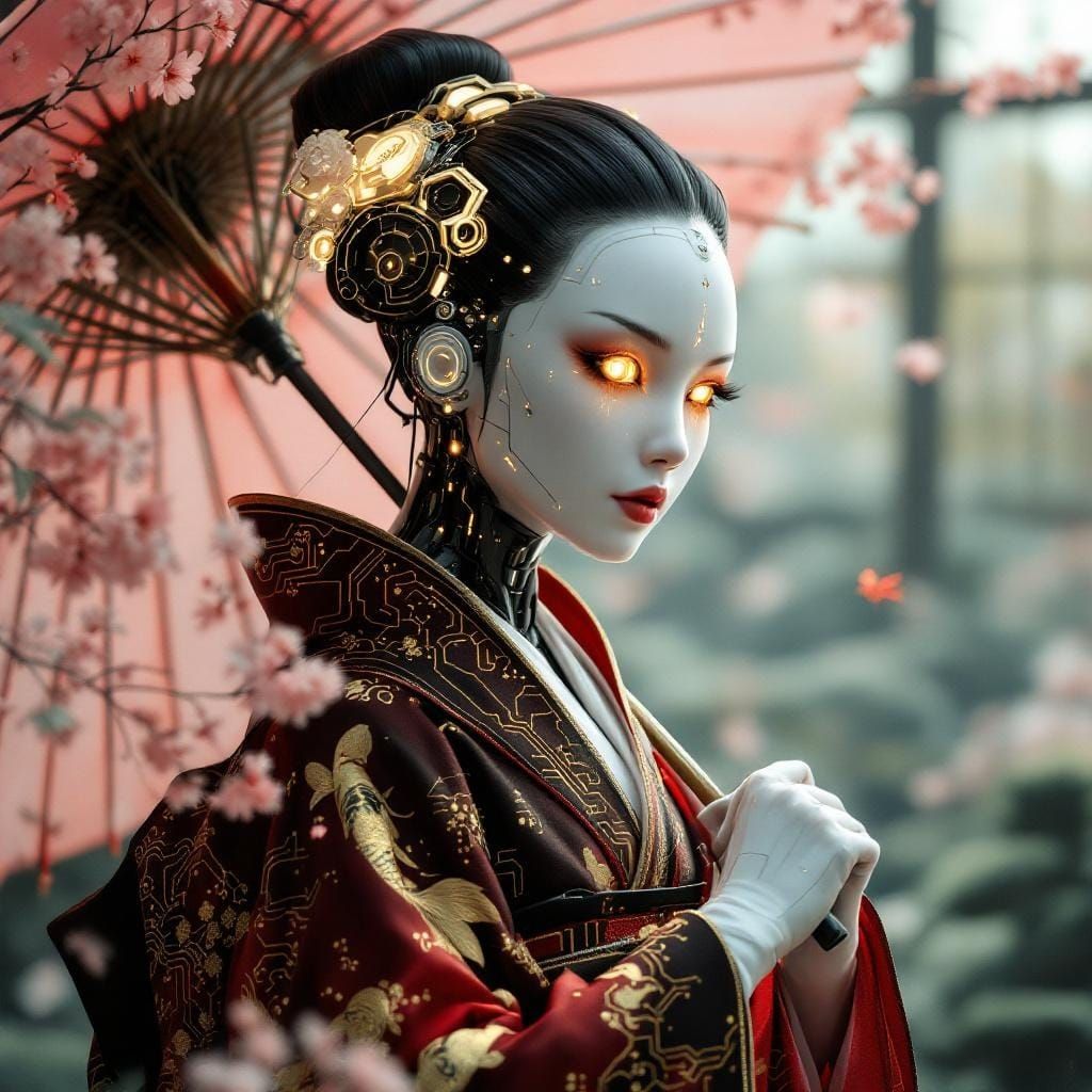 Cybernetic Geisha in Japanese Garden: Hyper-Realistic Illust...