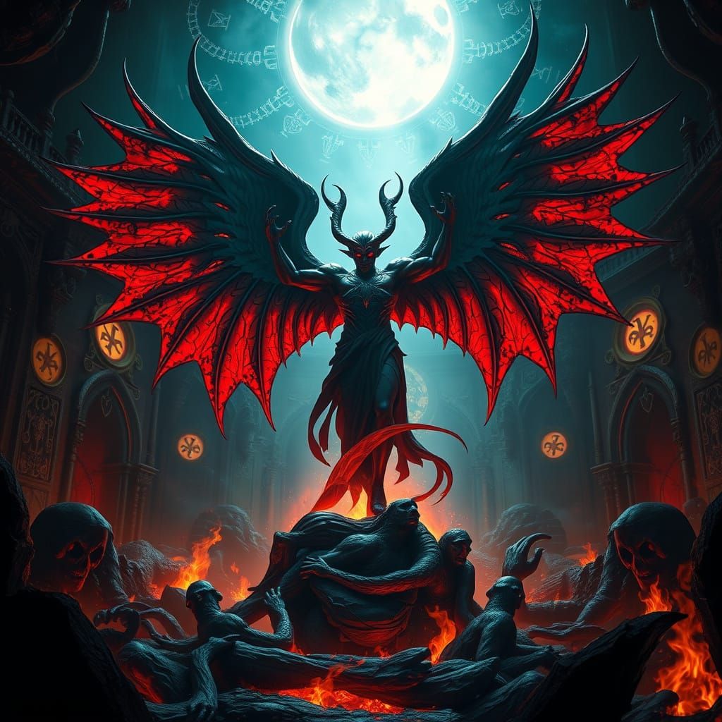 Majestic Fallen Angel in Hellish Landscape