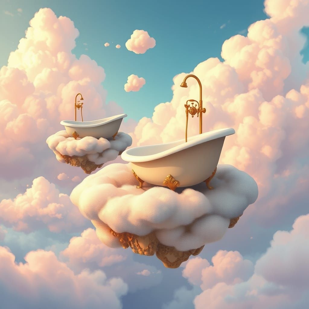 Whimsical Floating Bathtub Islands in Ethereal Sky