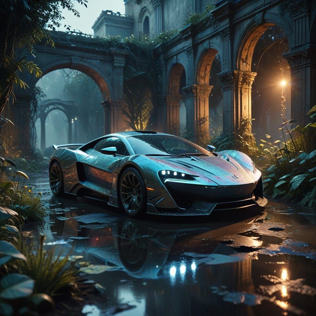 Futuristic Car Speeds Through Ruined Garden