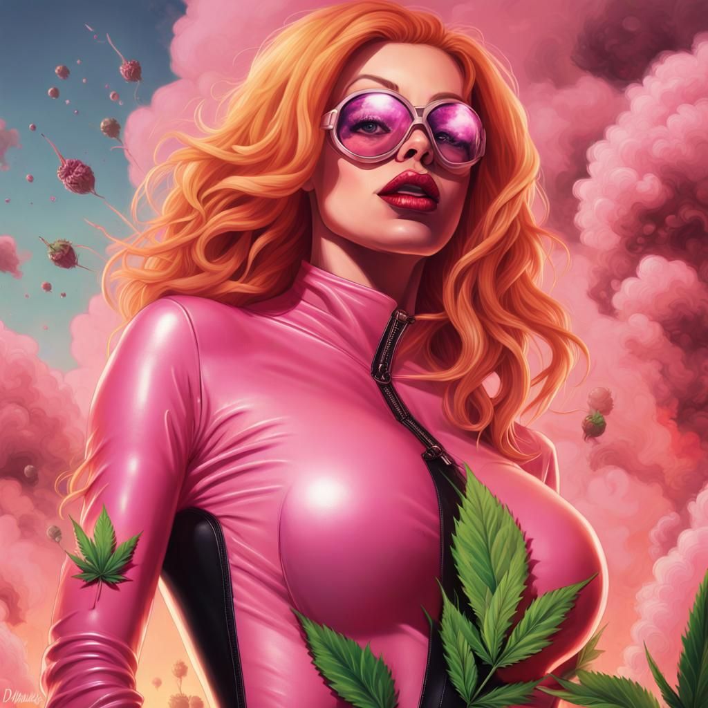 Strawberry Blonde Superheroine with Weed Leaf Emblem