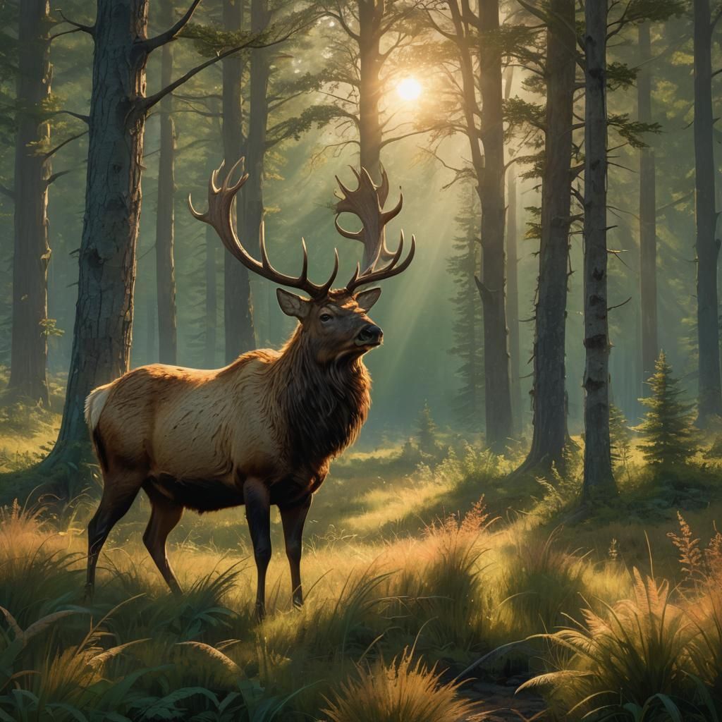 Elk in Sun-Drenched Clearing: Digital Matte Painting