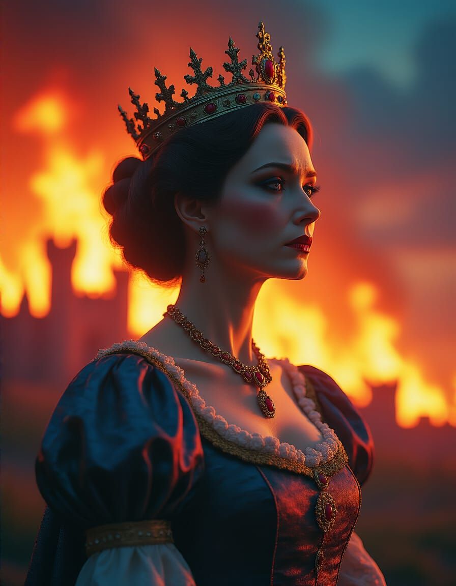 Regal Queen Watches Kingdom Burn in Hyperrealistic Style