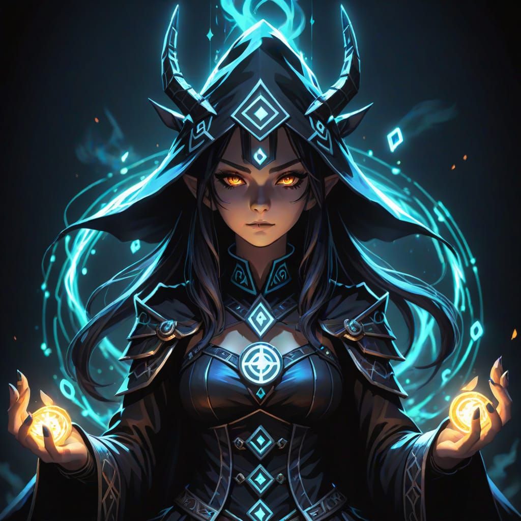 Dark Witch with Glowing Runes in Anime Style