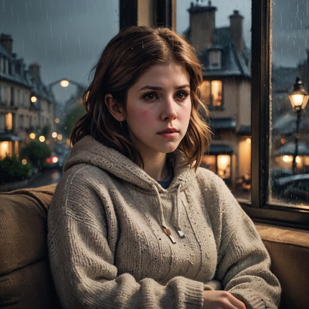 Anna Kendrick in Cozy Den on Rainy Paris Night