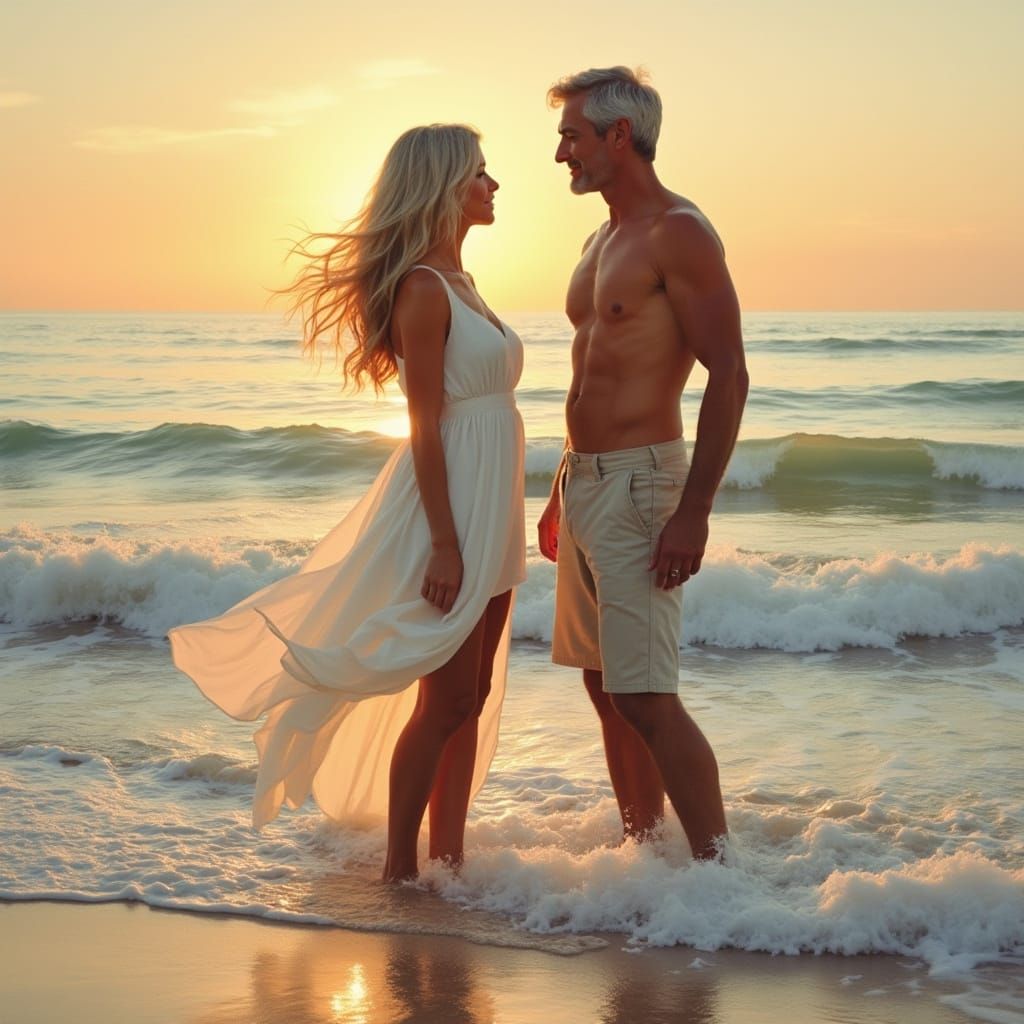 Confident Woman in Shallow Waves at Sunset
