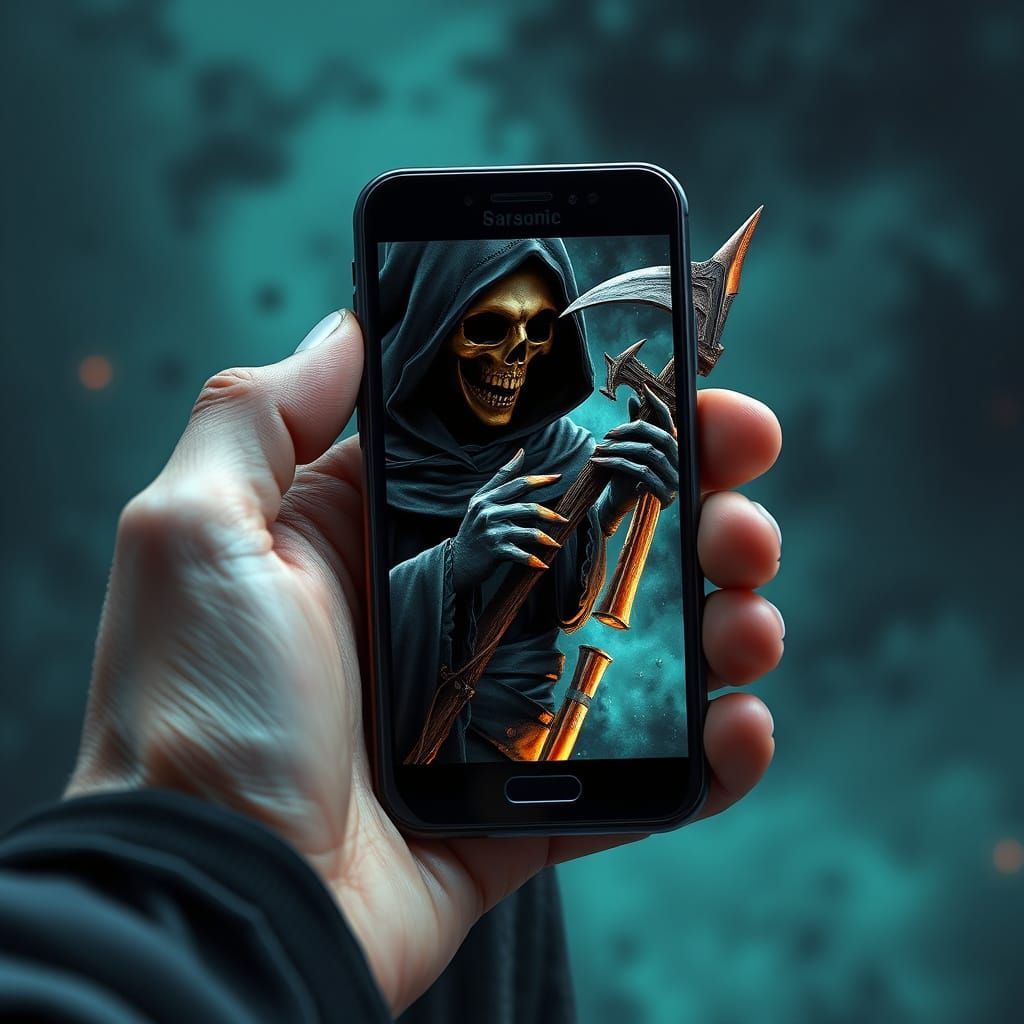 Grim Reaper on Phone Screen in Detailed Fantasy Art