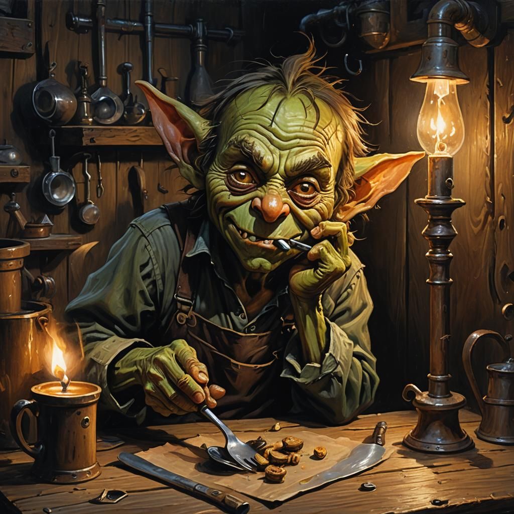 Goblin Plumber's Meal: Dark Fantasy Oil Painting