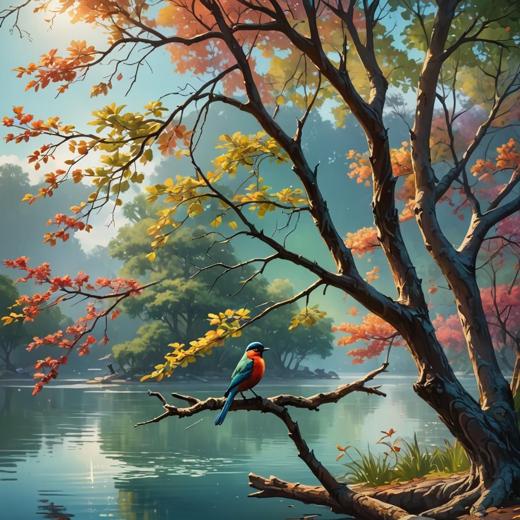 Bird on Branch by Lake: Hyperrealistic Splash Art