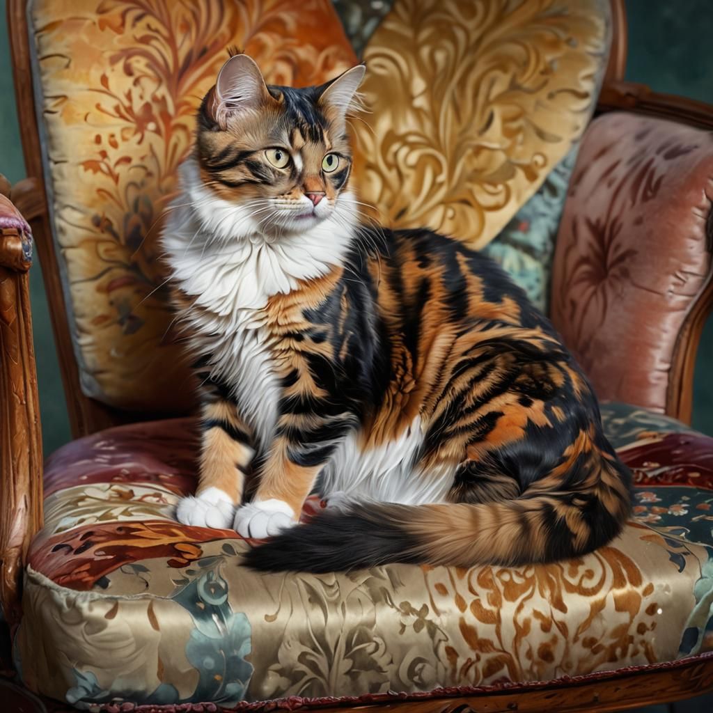 Surreal Feline Goddess Reigns on Velvet Throne in Hyperreali...