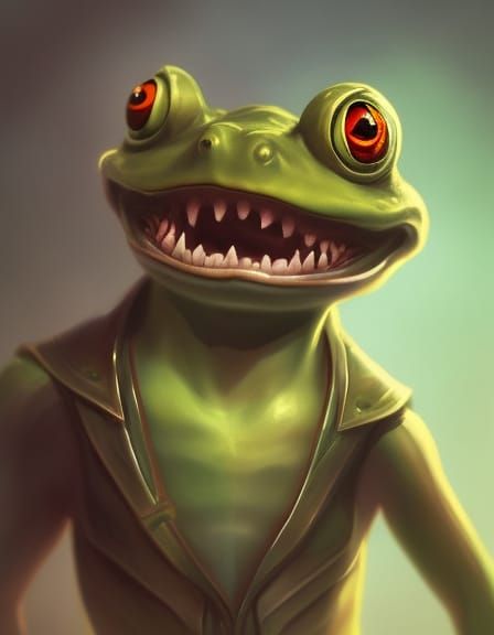 Frog Mad Scientist, laughing, D&D, artstation, fantasy, magic the gathering artwork, cinematic lighting, centered, symme...