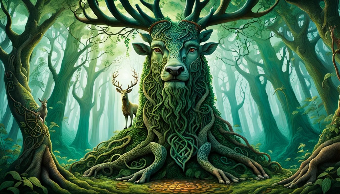 Cernunnos in Ancient Forest, Ethereal Folk Art
