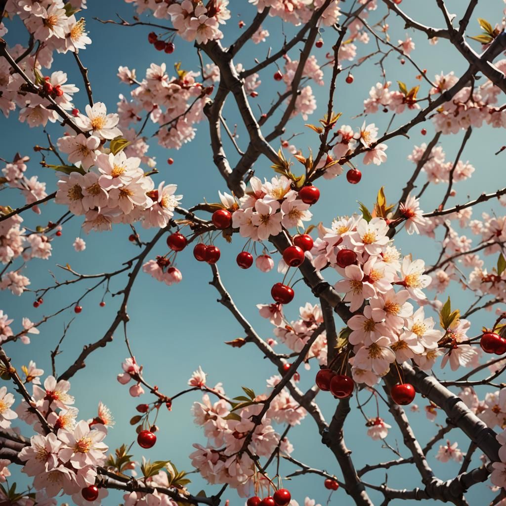 Cherry Tree Through the Seasons: Hyperrealistic Splash Art