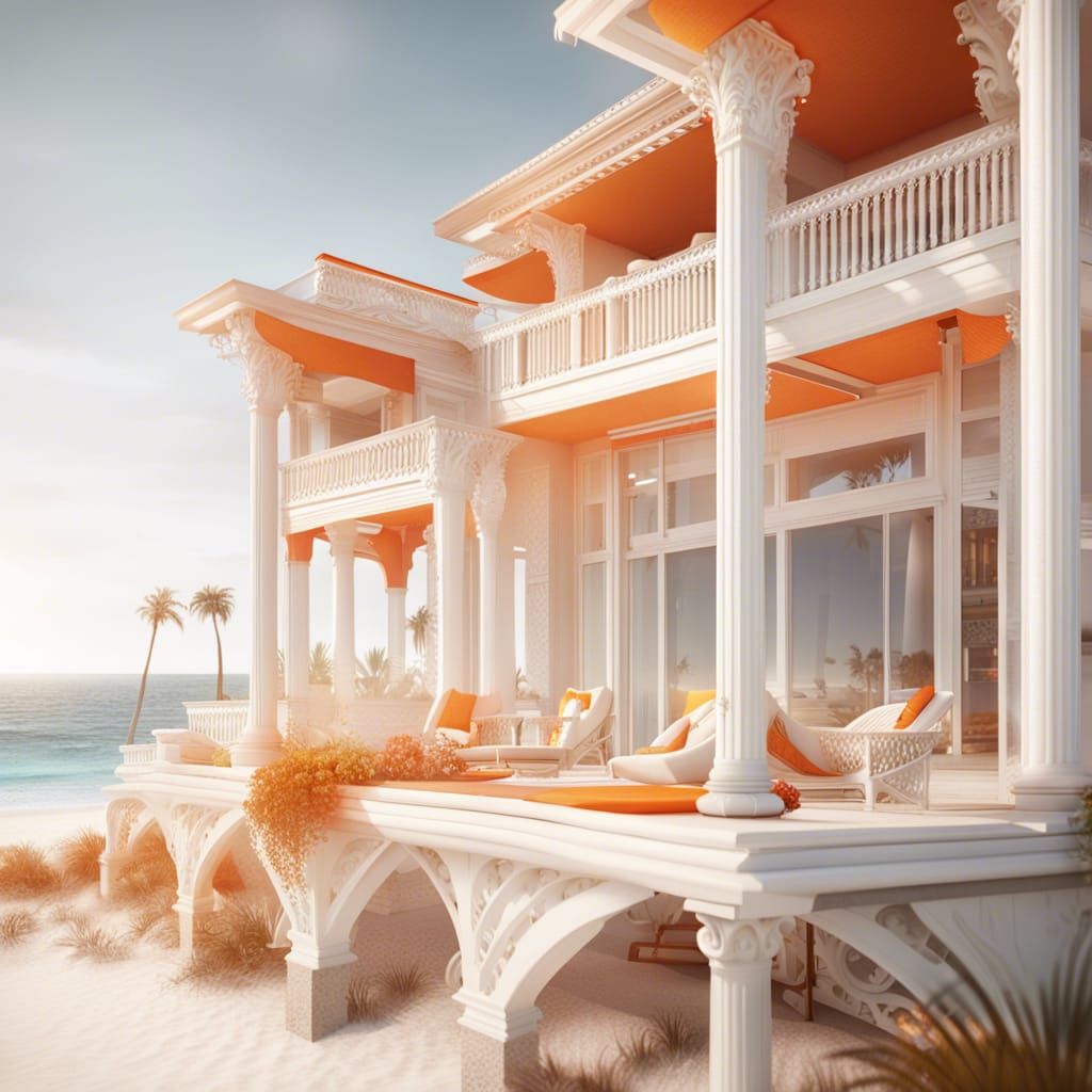 Ornate Beach Villa with Pool in Hyperrealistic CGI