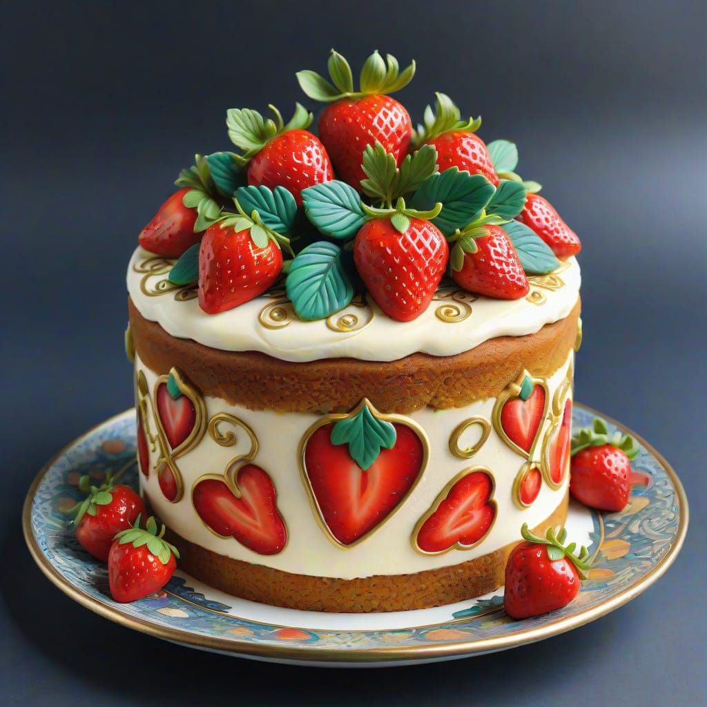 Victorian Strawberry Cake Art in Style of William Morris