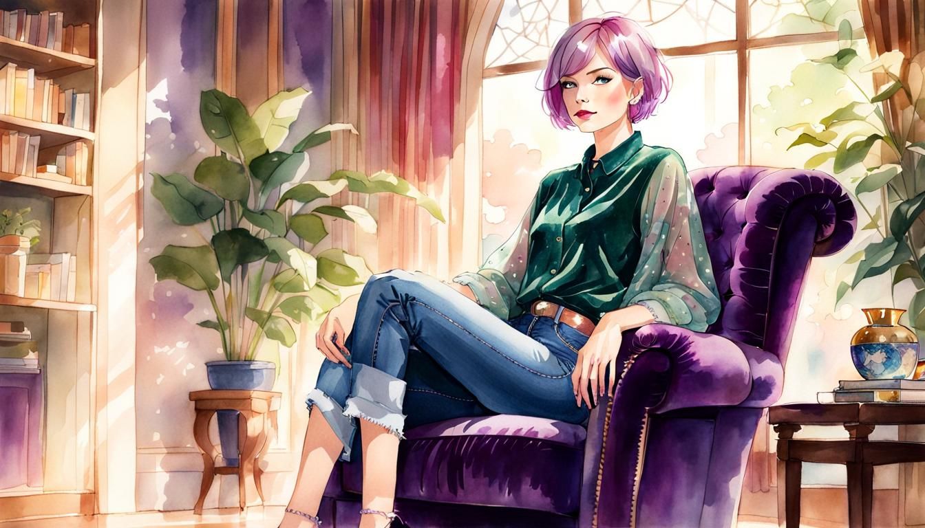 Watercolor Illustration of Woman Lounging in Velvet Chair