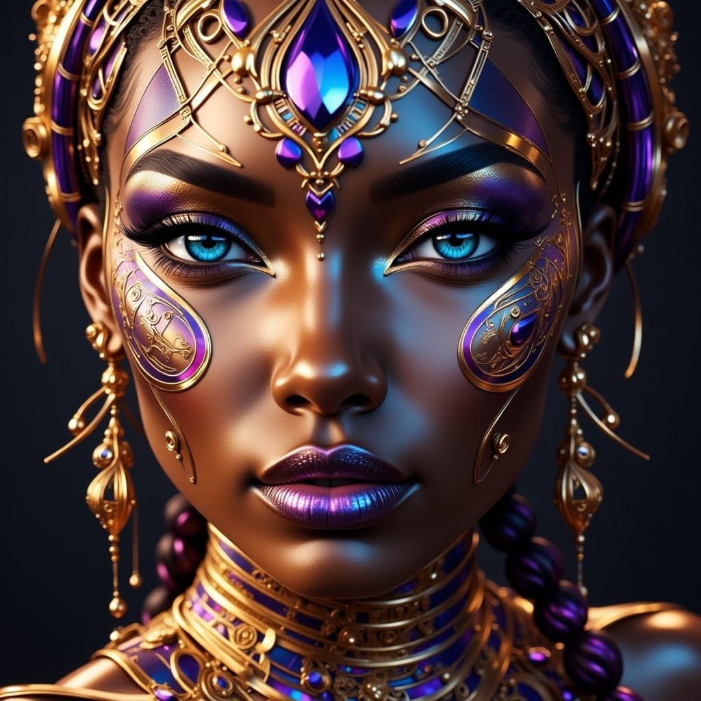 Metallic Woman with Radiant Smile in Hyperreal Style