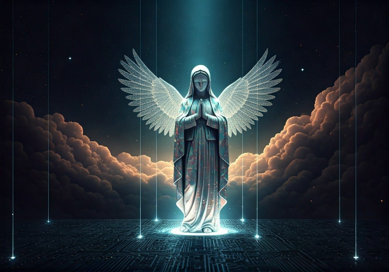 Cybernetic Virgin Mary in Ethereal Holographic Glory