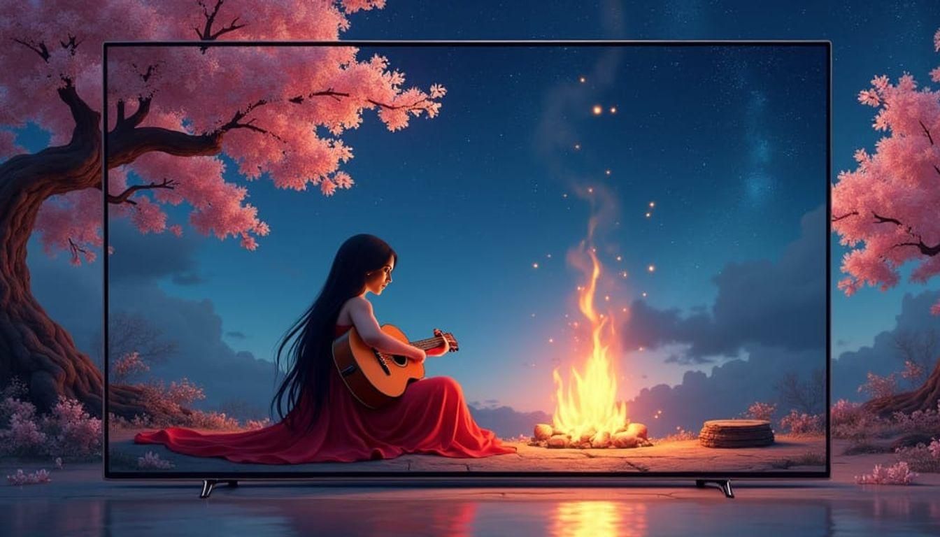Woman Plays Guitar in TV, Fantasy Art