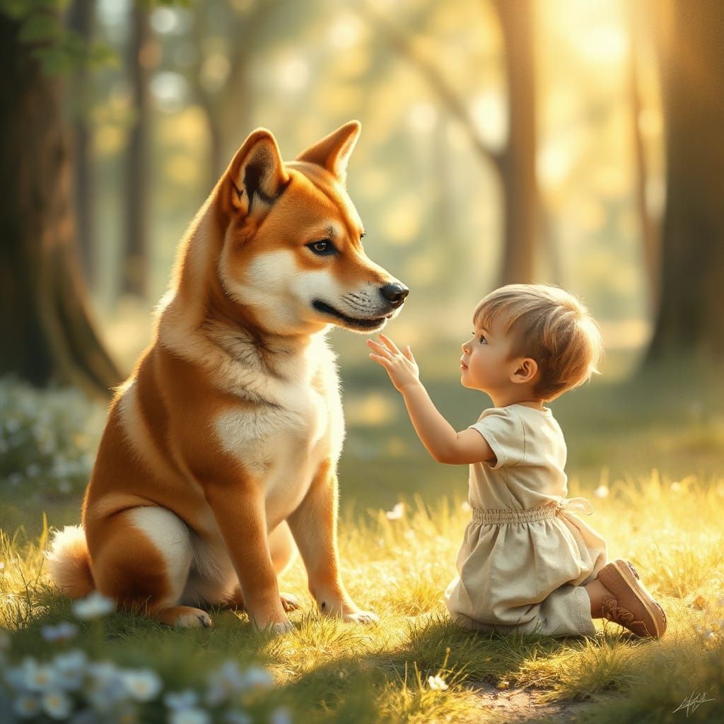 Shiba Inu & Child in Fairy Tale Forest Oil Painting