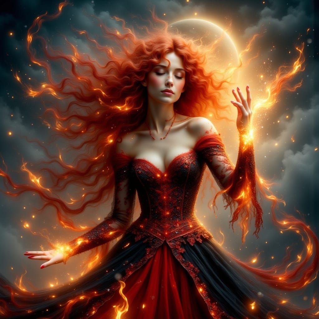 Elegant Fire Mage Dances in Moonlight, Anime Realism