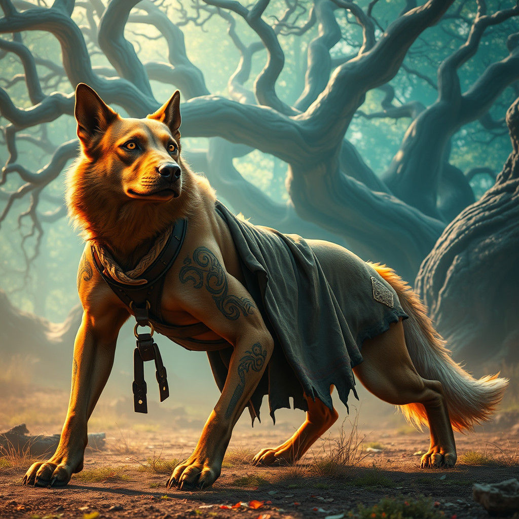 Mystical Canine Leads Humanoid Figure in Fantasy Realm