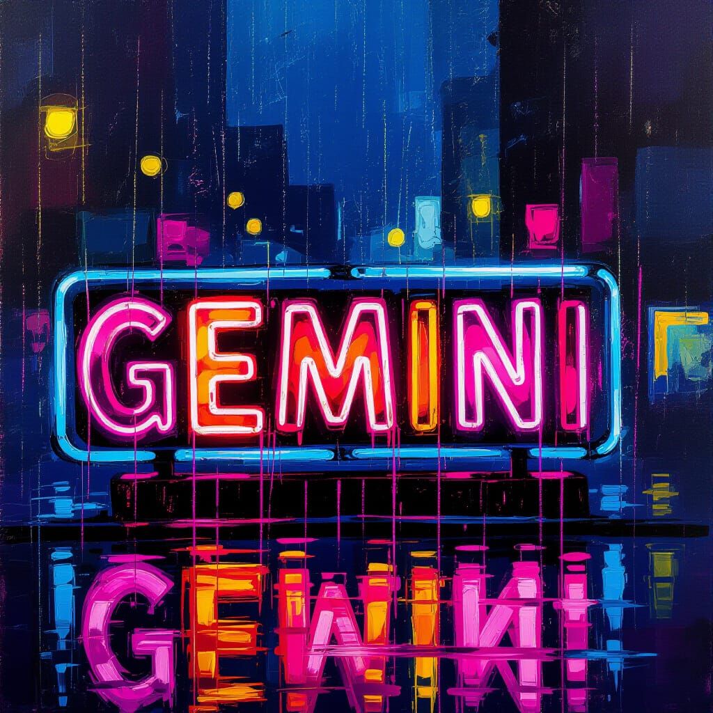 Vibrant Gemini Neon Sign Painting with Expressive Rain