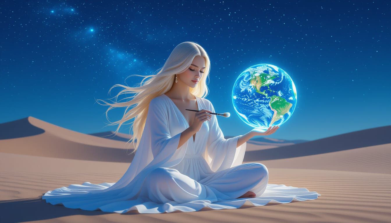 Woman Paints Earth Globe Under Starry Desert Sky
