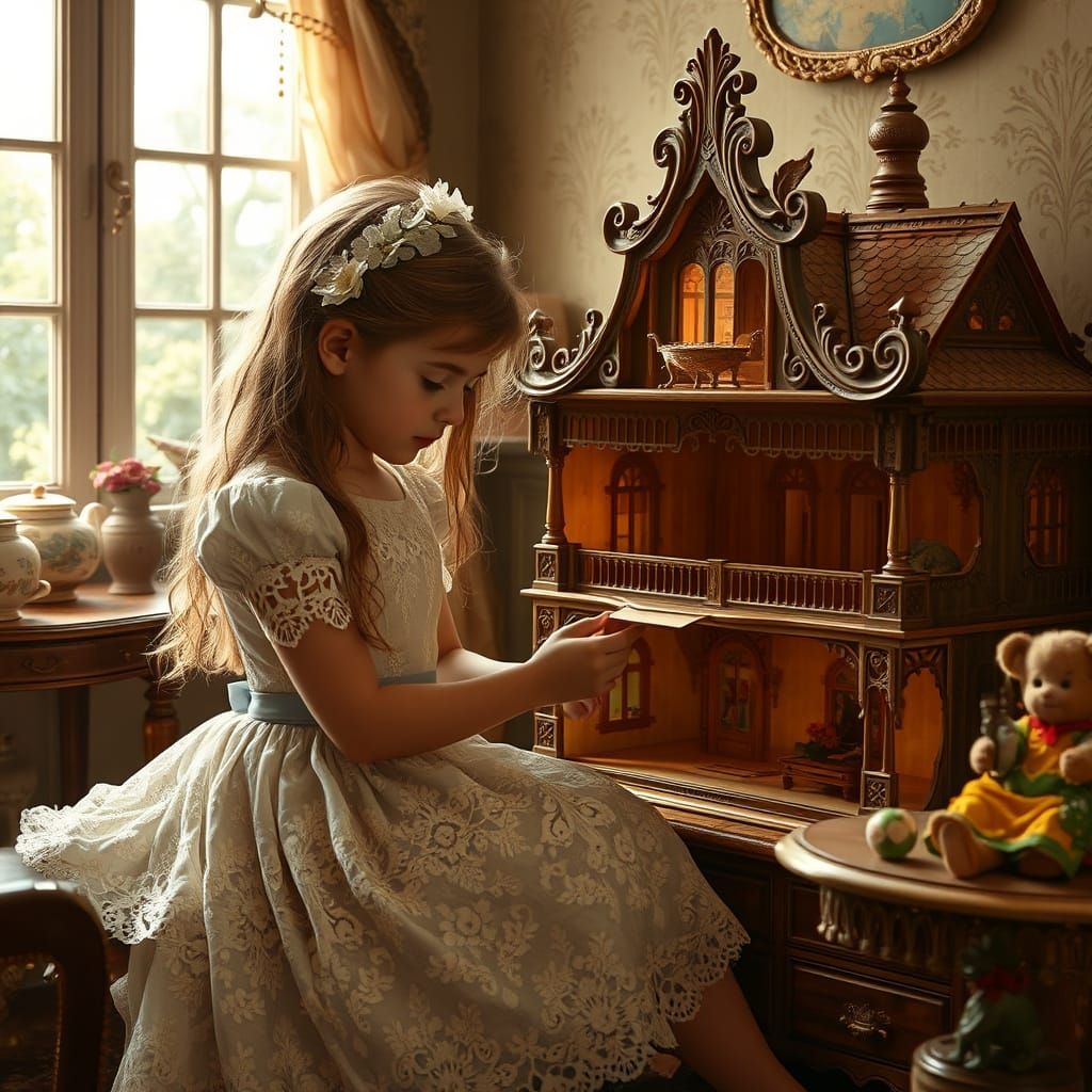 Victorian Girl and Dollhouse, Whimsical Illustration