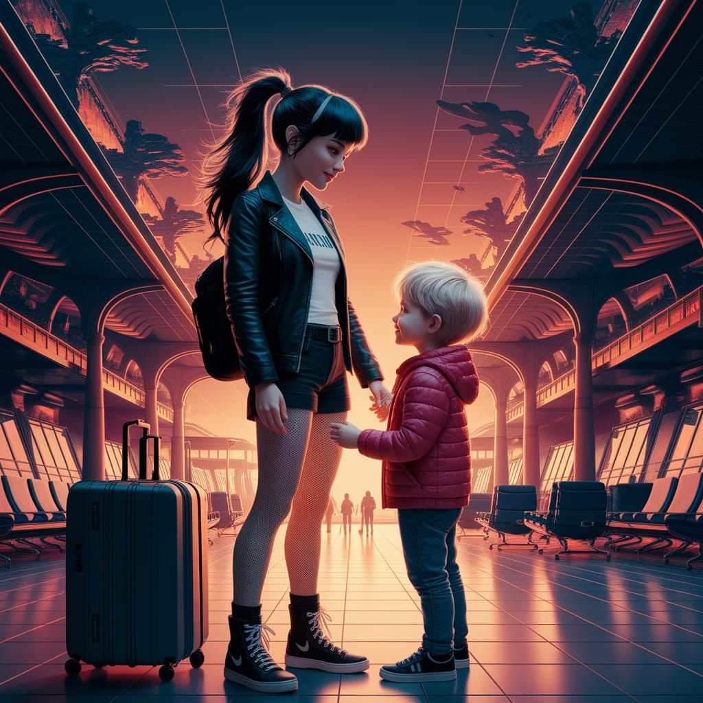 Emotional Airport Reunion in Fantasy Art