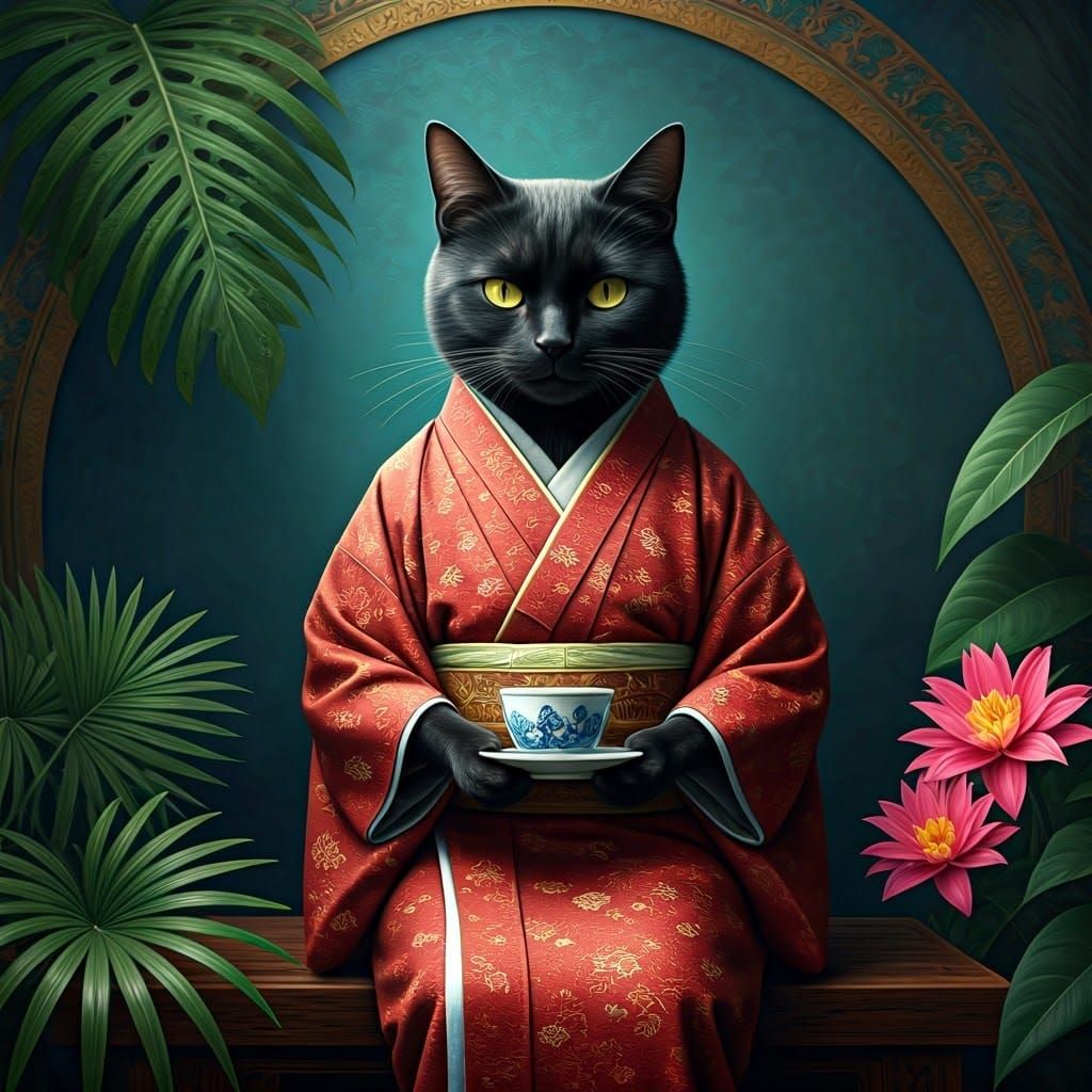 Black Cat in Kimono: Art Nouveau Style