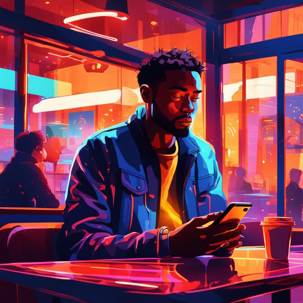 Person in Coffee Shop, Vibrant Digital Art