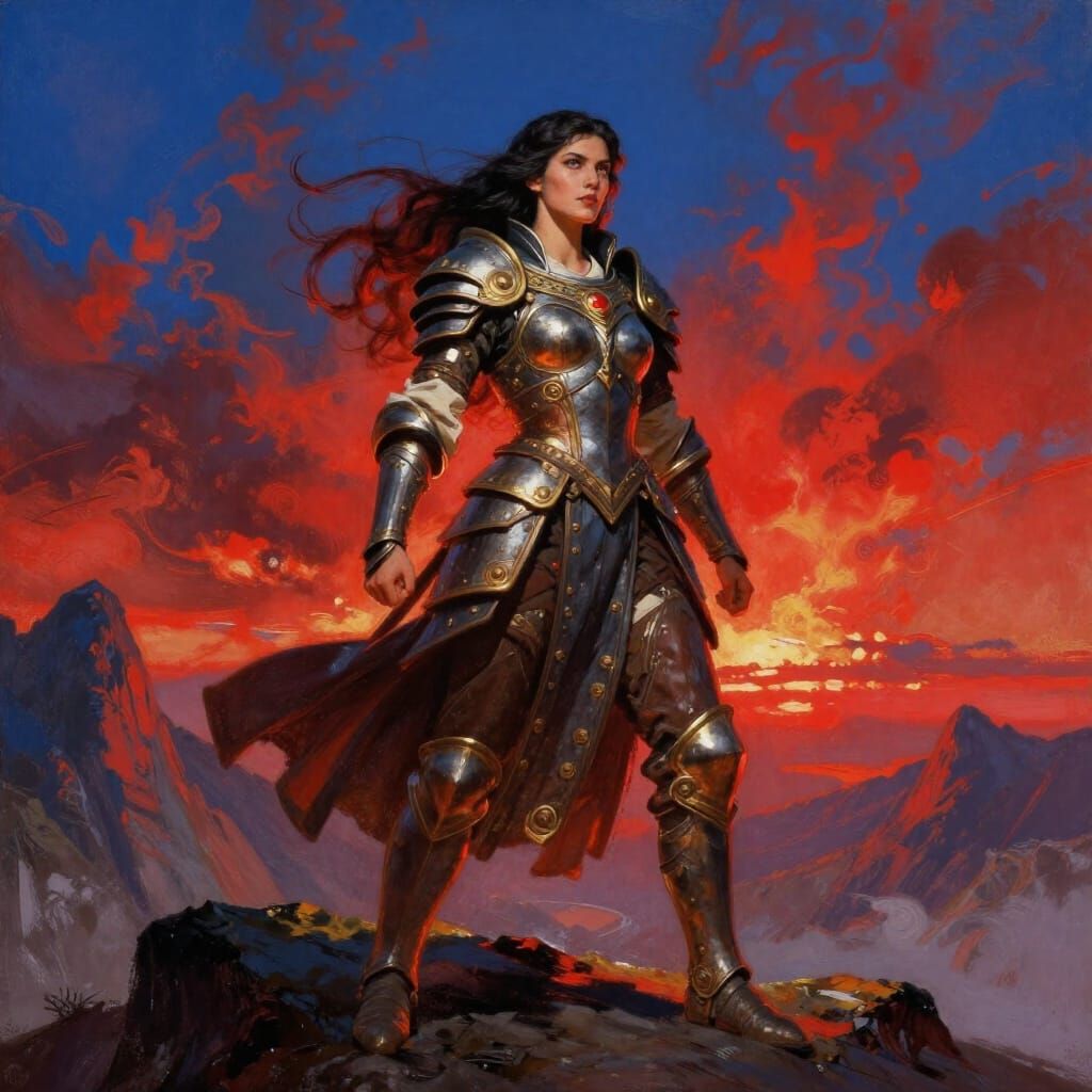 Warrior Princess on Mountain Peak in Epic Fantasy Style